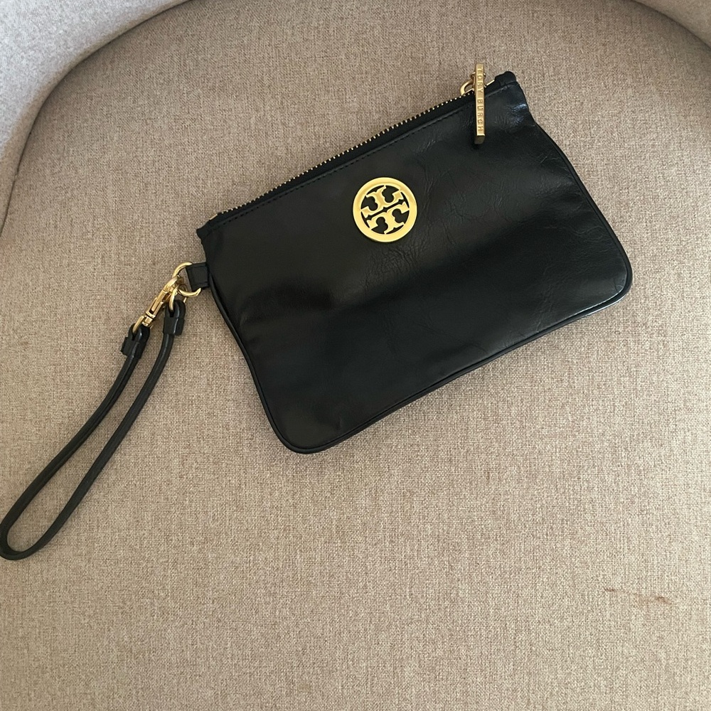 Tory Burch Black Wristlet with Gold Logo
